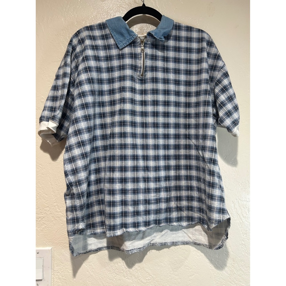 Action Sportswear‎ Mens Plaid Quarter Zip Polo Shirt Blue Denim Collar Retro XL